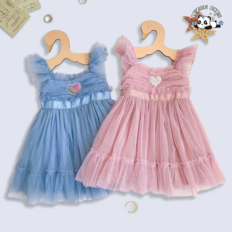 LEZONKIDS - Vestidos de verão personalizáveis com smocking e aplicação de coração de lantejoulas para crianças e bebês com ombros franzidos